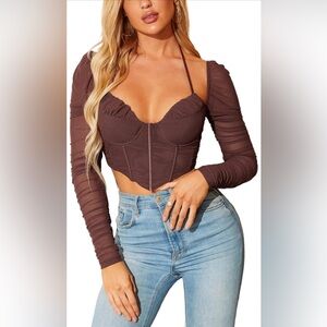 HTZMO Long Sleeve Corset Crop Top Tie Up Halter Bustier Zip Boned Sexy Blouses